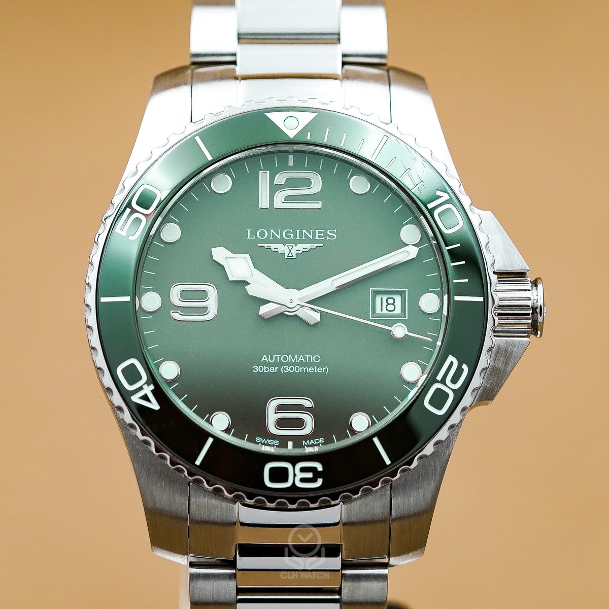 Longines 浪琴 HydroConquest 深海征服者 L3.782.4.06.6 綠色面盤及陶瓷綠圈正面實拍