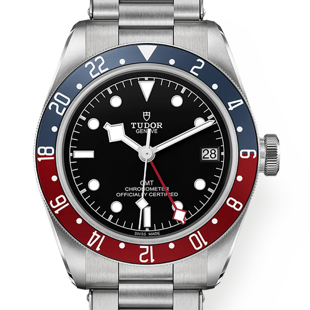 TUDOR 帝舵 79830RB 黑面 BLACK BAY GMT 啞酒紅色及藍色陽極氧化鋁字圈 41 mm 磨砂鋼錶帶