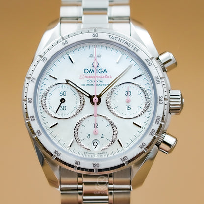 OMEGA 歐米茄 超霸系列 同軸擒縱計時腕錶 324.30.38.50.55.001 珍珠母貝鑽面 32430385055001 38mm 2023年 台灣公司貨 95%新