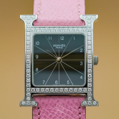 Hermès 愛馬仕 Heure H系列 鑲鑽黑面 HH1.530 不鏽鋼 全鑽 26mm HERMES 2015年 台灣公司貨 95%新
