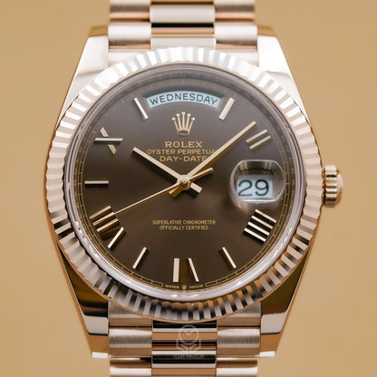 Rolex 勞力士 Day-Date 40 228235 巧克力羅馬面 18K玫瑰金 元首型錶帶 總統帶 2023年台灣公司貨 95%新