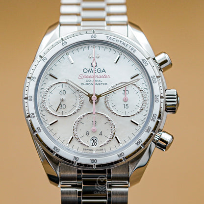 OMEGA 歐米茄 超霸系列 同軸擒縱計時腕錶 324.30.38.50.55.001 珍珠母貝鑽面 32430385055001 38mm 2026年 台灣公司貨 95%新