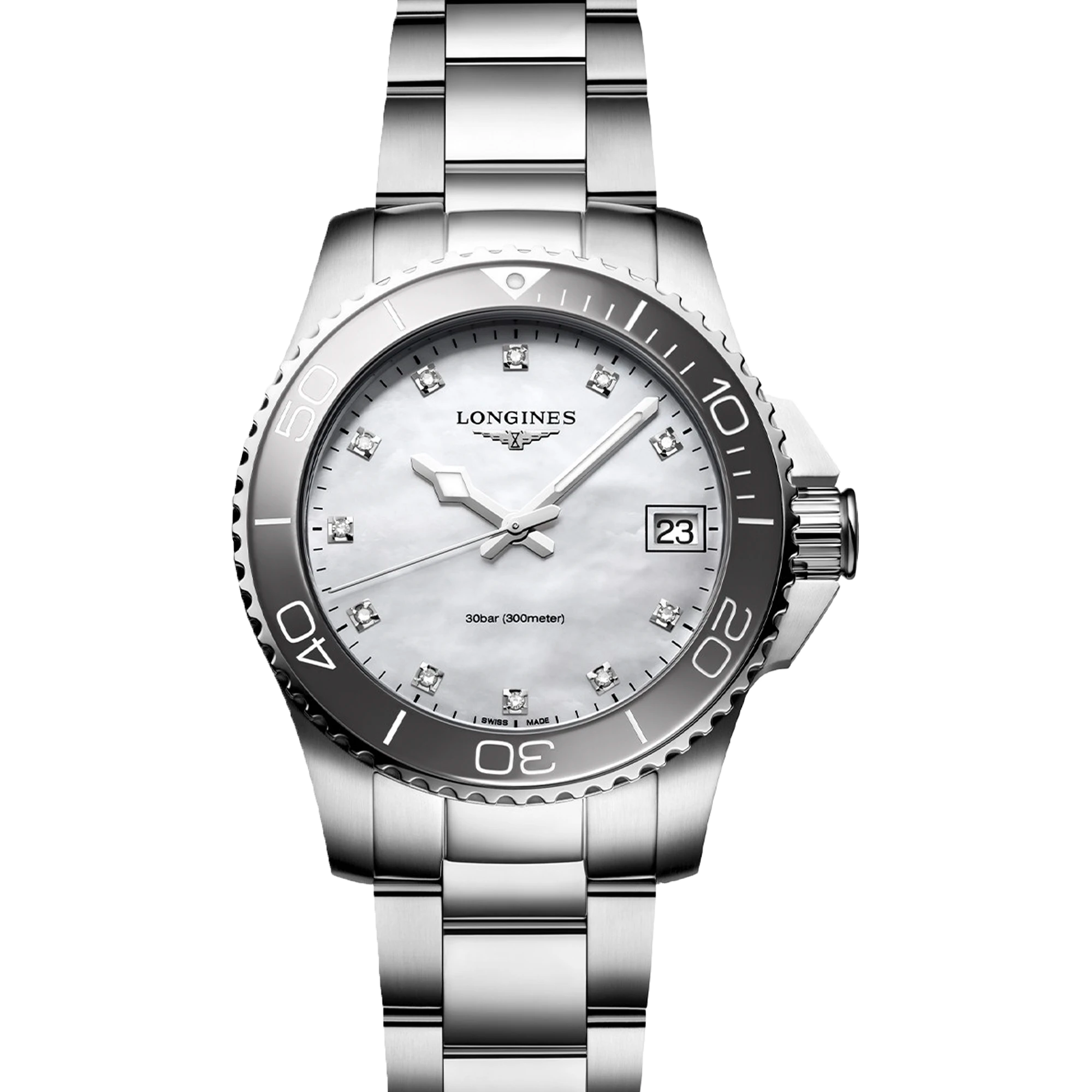 Longines 浪琴 深海征服者系列浪鬼陶瓷潛水錶 L33704876 珍珠母貝 鑲鑽 32mm 2024年 台灣公司貨 95%新