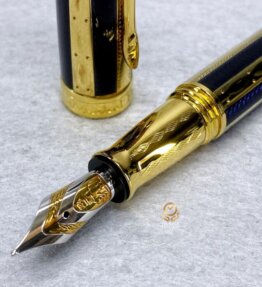 Michel Perchin Faberge Blue & Gold RIBBED 925 Vermeil 鍍金 沙皇陛下專供 限量鋼筆 未用珍藏品