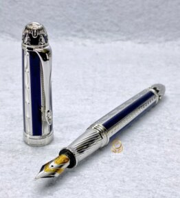 Michel Perchin Blue & Rhodium Ribbed 鍍銠 沙皇陛下專供 限量鋼筆 未用珍藏品